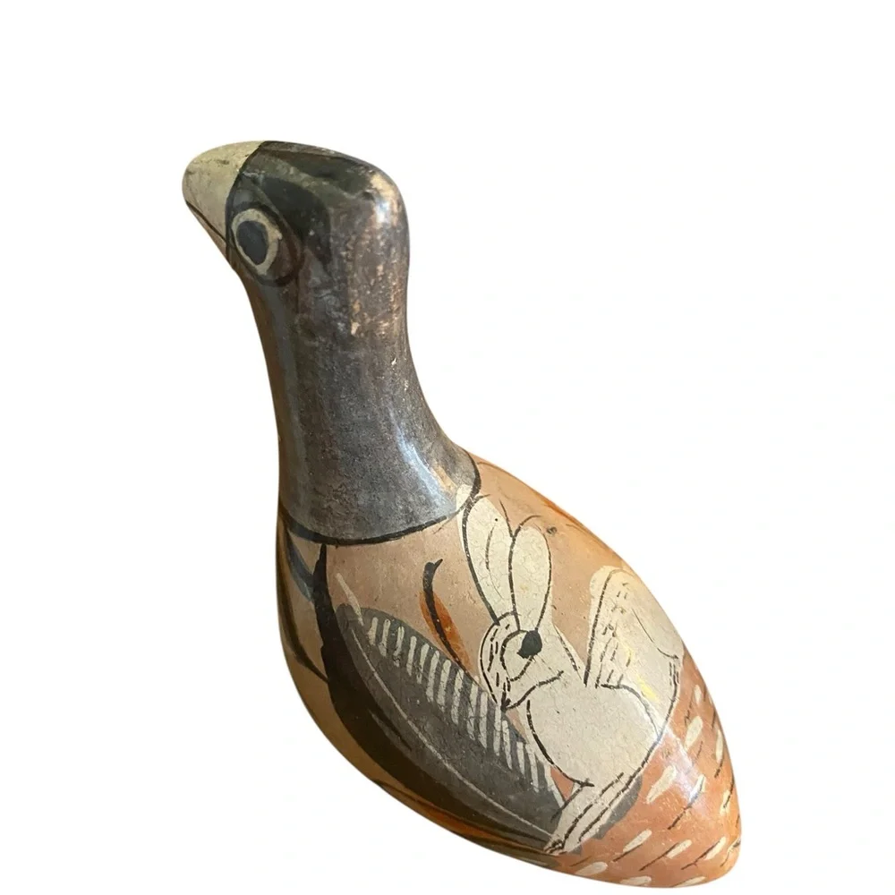 Vintage Tonala Mexican Pottery Folk Art Bird Figurine hare painted on back 3”